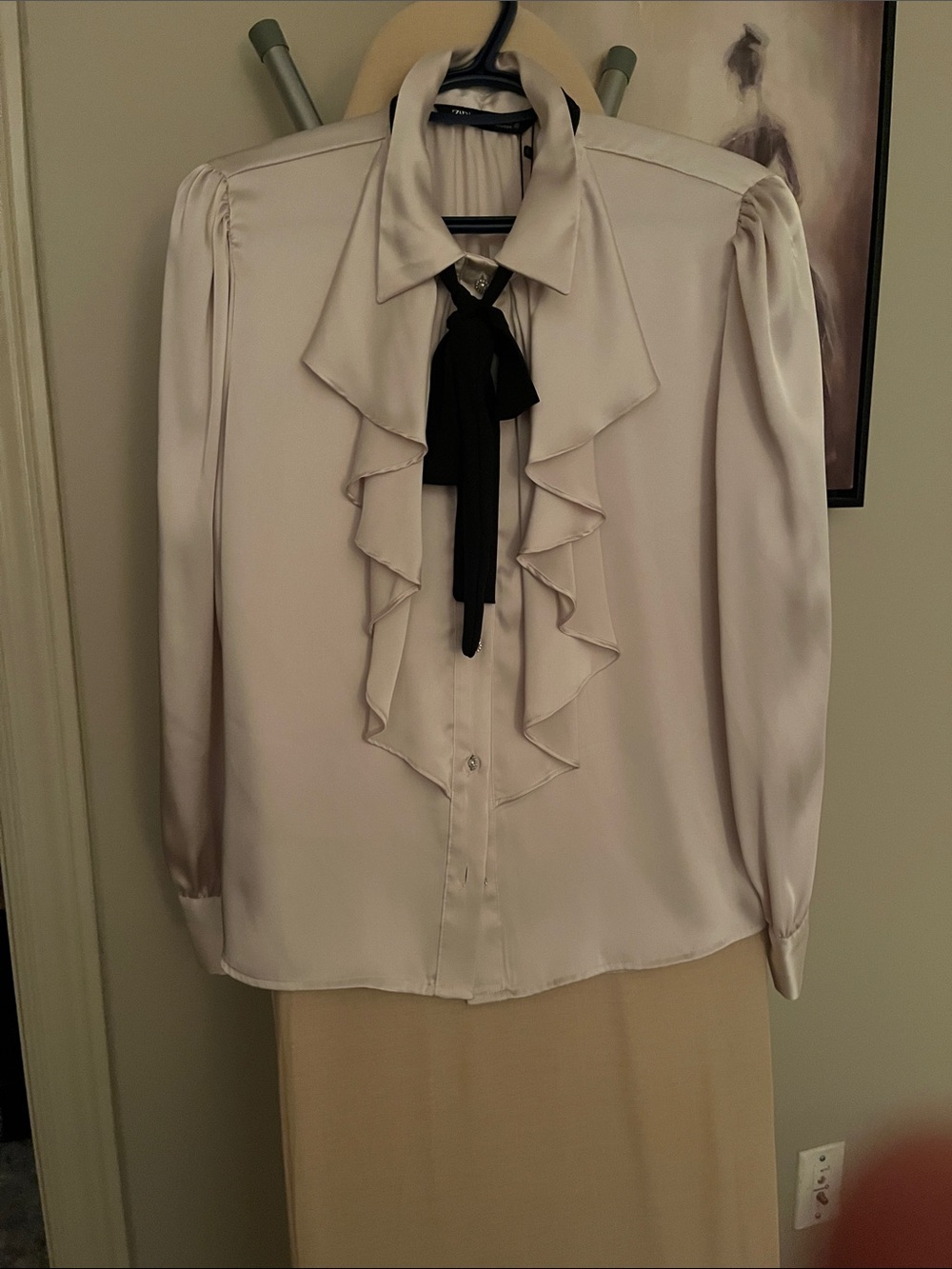 Zara Cream Ruffle-Front Blouse with Black Neck Tie